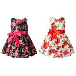 Girl's jurken 2022 Little Girls Princess Dress, mouwloze rozen gedrukt O-hals taille Bow Party/Pography/Performance Outfit