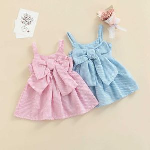 Girl's jurken 2022 peuter babymeisjes mouwloze jurk front bowknot streep sling jurk zomer mode prinses casual dressl2405