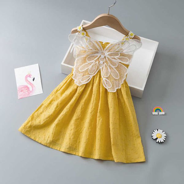 Robes de fille 2023 bébé filles été mignon robe dentelle papillon tenue bretelles fleur enfant en bas âge enfants sans manches rose jaune Vestidos Y2303
