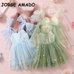 Girl S jurken 2023 Paaskinderen jurk meisje zomer bloemen boog mouwloze dansvoorstelling meisjes kleding E1236 230520