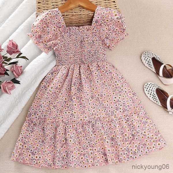 Vestidos de niña 2023 Vestido casual para niñas Bonito niño pequeño Bebé Ropa de cuello cuadrado Verano de manga corta Faldas de impresión Moda Ropa para niños R230607