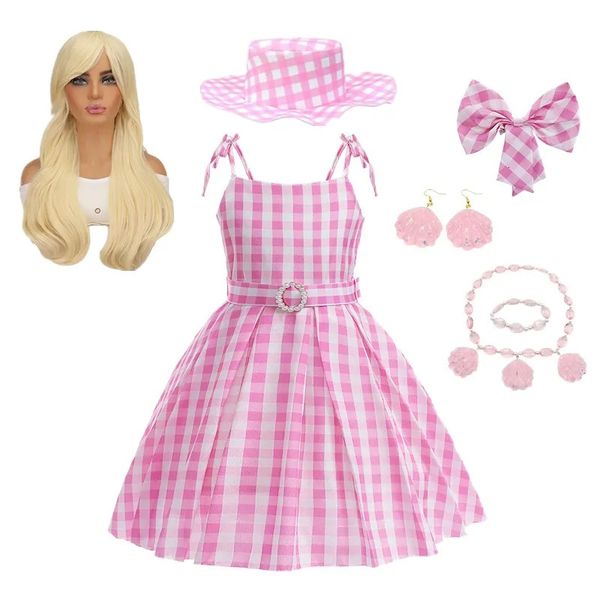 Vestidos de niña 2023 Película Barbi Disfraz para niñas Cosplay Vestido a cuadros rosa Niños Halloween Carnaval Niños Fiesta Desgaste 3 10 años 231018