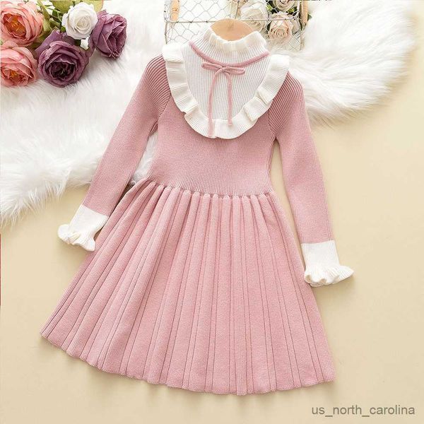 Vestidos de niña 2023 NUEVA niña Princesa Princesa Sweet Knited Dress Clothing para niños Autumn Autumn Casual Bow Coat+Vestido corto R230816