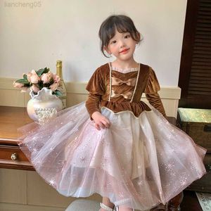 Robes de fille 2023 nouvelles filles printemps et automne version coréenne de style robe de princesse à manches longues jupe marron mignonne pour enfants W0224