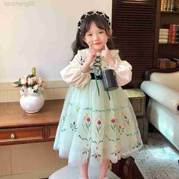 Girl's Jurken 2023 Nieuwe Partysu Girls Spring en Autumn Doll Collar Frozen Princess Anna Long-Sleeveved Dress Children's Lolita Light Green Rok W0224