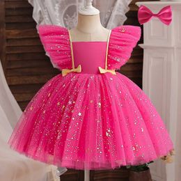 Vestidos de niña 2023 Pink Elegant New Girl Princess Dresses para niños Eventos para niños Disparo Prom Cumpleaños Fiesta de bodas Tulle Tutu Bow Girl Vestido 1-5T