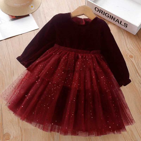 Robes de fille 2023 Robe de Noël rouge pour les filles en bas âge Automne Hiver Manches longues Robe de princesse à paillettes Robe de fête d'anniversaire de mariage Robes