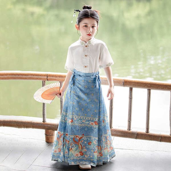 Robes de fille 2023 Summer Girls' Hanfu Jupe à manches courtes Style chinois Vêtements anciens pour enfants Mamian Luxury Princess Girl Dress