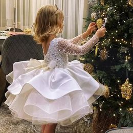 Robes de fille 2023 été à manches longues robe de soirée blanche pour fille enfants dentelle princesse filles vêtements demoiselle d'honneur robe d'anniversaire de mariage 231218