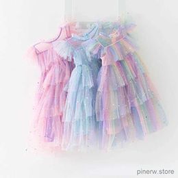 Robes de fille 2023 été nouvelle fille robe de soirée arc-en-ciel paillettes anniversaire princesse costume pour enfants bébé vacances plage baignade maille gâteau vêtements