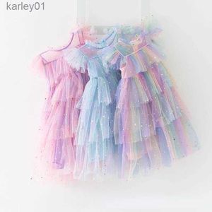 Jurken voor meisjes 2023 zomer nieuwe meisje feestjurk regenboog pailletten verjaardag prinses kostuum voor kinderen baby vakantie strandbaden gaas cake kleding yq240327