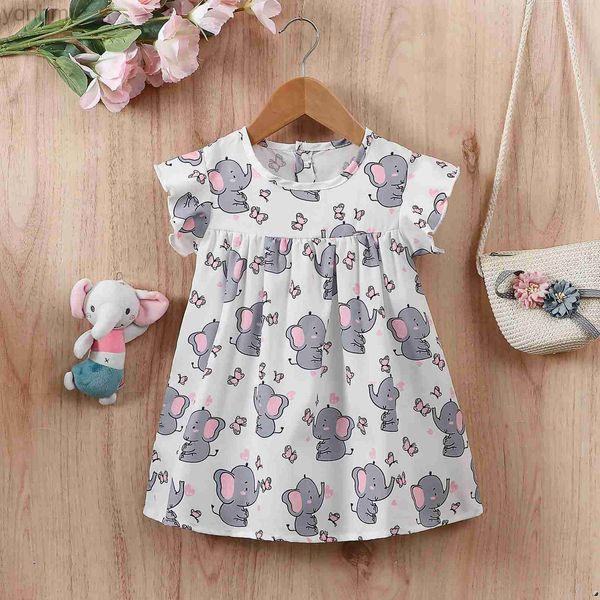 Robes de fille 2023 Été tenue pour bébé filles d'éléphant décontracté Robe à manches à mouche D240423