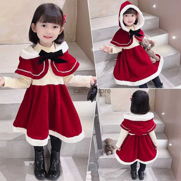 Robes de fille 2023winter 1-6y Robe de Noël pour filles Red Velvet Cloak + Robe évasée Party Nouvel An Enfants Costume Kids Christmas Clothel231222