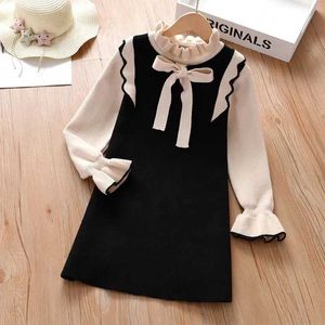 Girl's Jurken 2024 Autumn Spring Teenagers Girls Girls Kids Bowtie Break Sweater Princess Dress New Year Christmas 4-11 jaar D240520