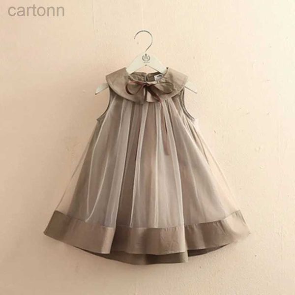 Vestidos de niña 2024 Verano 3 Academia para niños Estilo Velo Neto Peter Pan Collar Princesa Empalmado Trabajo Vestido sin mangas para niños de 6 a 12 años 24323