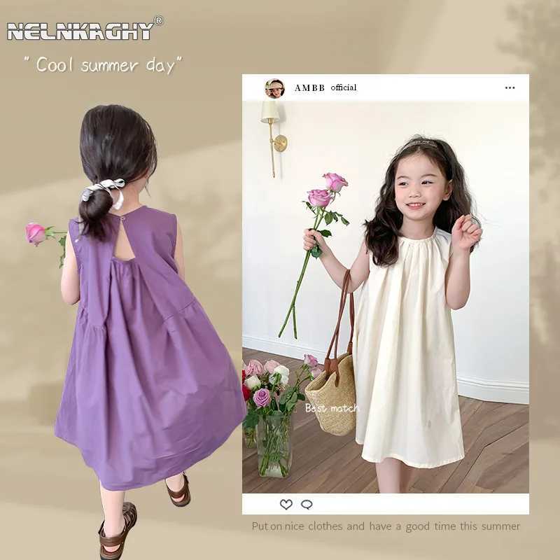 Flickans klänningar 2024 Sommar Nya barnsflickor Modekläder - Barn ärmlös Solid Color Backless 100% bomullsklänning 2-7y för småbarn WX