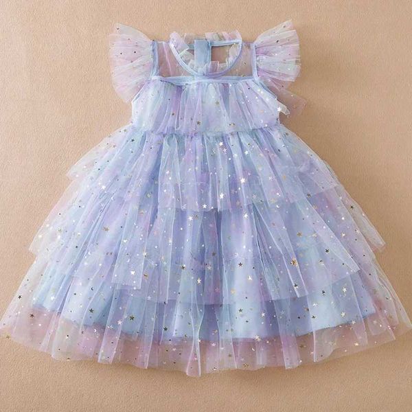 Vestidos de niñas 2024 Summer New Girls Party Dress Rainbow Sequin Cumpleaños Princess Trajes para niños Baby Holiday Beach Mesh Pastel Mesh Pastel 3-8 años