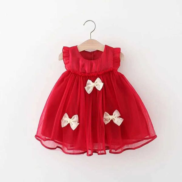 Robes de fille 2024 Été South Corée petite robe de fille ronde cou rond 3d arc bébé fille goz robe lâche manches préscolaire fille princesse dressl2405