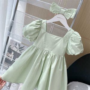 Robes de fille 2pc nœud + robe bébé filles robe d'été manches bulle robes de princesse pour enfants français col carré coton mignon nœud robe pour filles AA230531