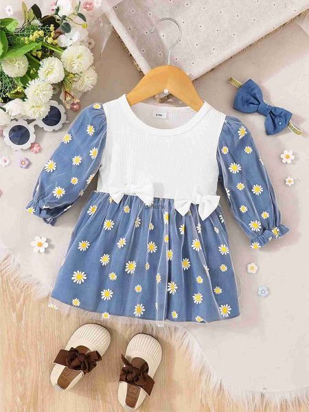 Robes de fille 2pcs bébé fille robe vêtements mode blanc collage fleur jupe avec arc + bandeau printemps automne pour enfant en bas âge fille 0-3 mois