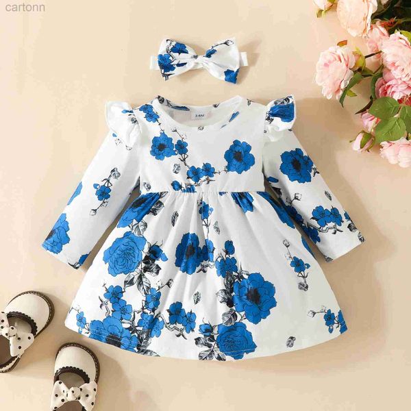 Robes de fille 2pcs bébé filles à manches longues décontractées robe imprimée de fleurs + bande de couchette gratuite pour enfants d'options multicolores d240425