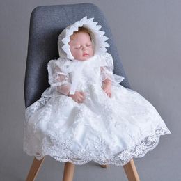 Robes de fille 2 pièces ensemble bébé fille baptême robe de mariée blanc infantile baptême longue broderie robe d'anniversaire avec chapeau 0-24 mois
