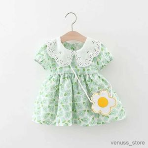 Robes de fille 2 pièces/ensemble bébé filles dentelle revers fleur de pêche robe en mousseline de soie été nouvelles filles Version petite robe fleur + sac