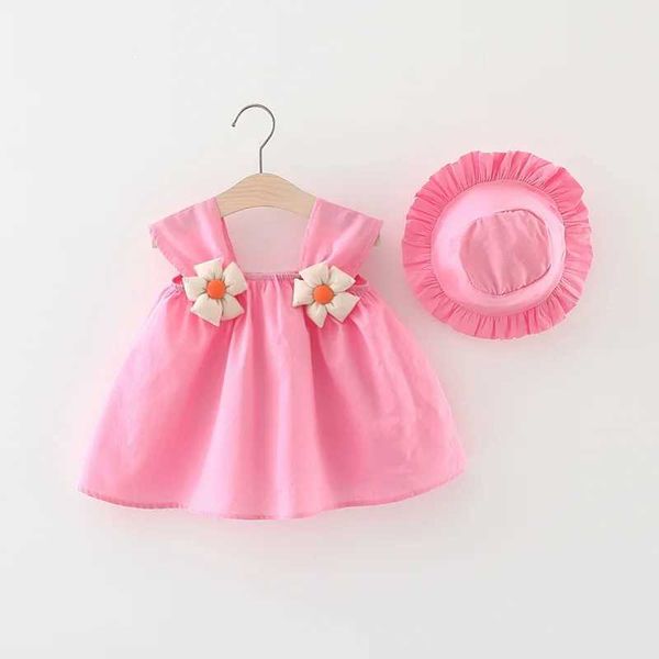 Robes de fille 2pcs / ensemble Coton Toddler Baby Girls Summer Princess Robe Couleur Couleur Sling Sling Sling With Flower Decor + Chapeau 6M-3T