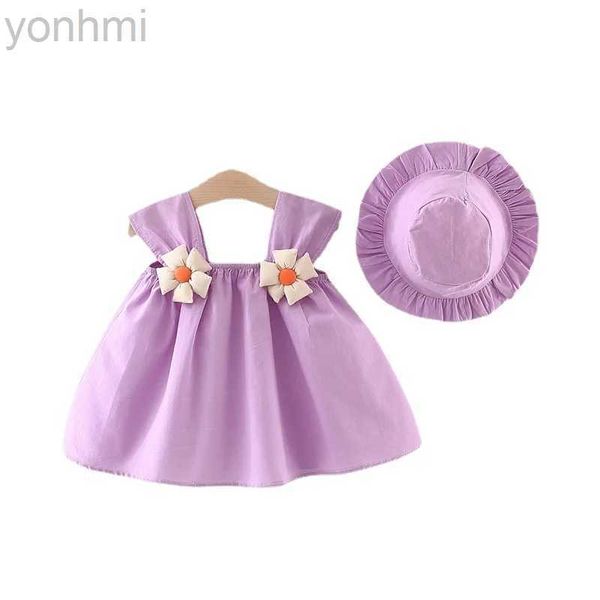 Robes de fille 2pcs / ensemble Coton Toddler Baby Girls Summer Princess Robe Couleur Solide Sling Sling Robe avec décor de fleur + chapeau 6M-3T D240423