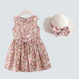 Mädchenkleider 2 Teile/satz Mädchen Kleid Hut Baumwolle Bequeme Kinder Kleid Sommerkleid Floral Mädchen Ärmelloses Kleid Für Kinder 230508