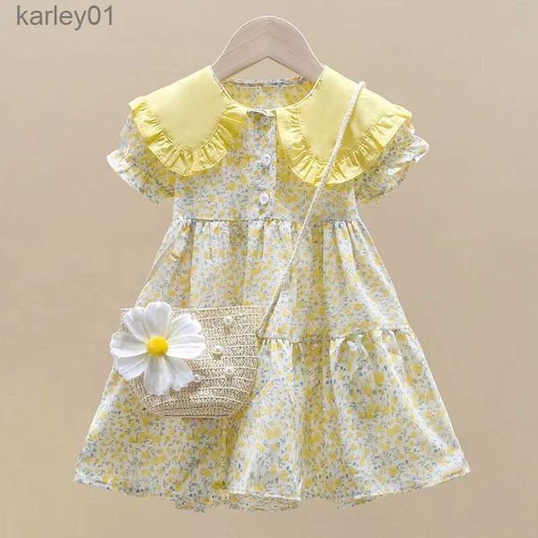 Robes de fille 2pcs été jaune floral enfant petites filles vêtements décontracté robe midi + sac enfants robes pour adolescents fête princesse robe d'été yq240327