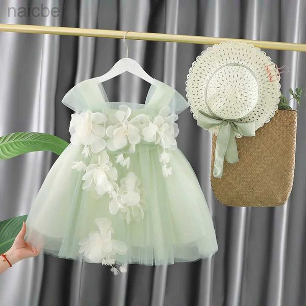 Robes de fille 2pcs enfant en bas âge robe de mode chapeau vert 0-5 ans robe d'été fleur robe de princesse pour enfants vêtements ldd240313