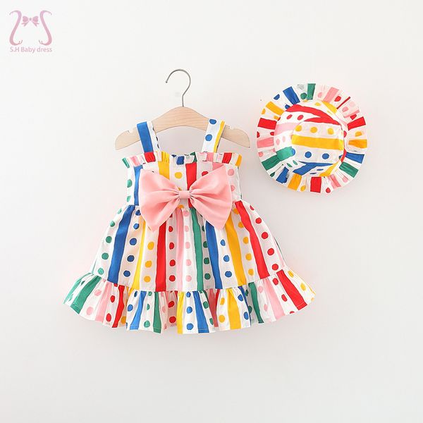 Robes de fille 2PcsSet coloré bébé fille fête d'anniversaire princesse robe de soirée à pois noeud papillon enfants vêtements 0 à 3 ans enfants chapeau 230725