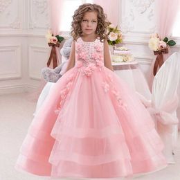 Girl's Dresses 3-12 Years Lace Tulle Flower Girl Dress Satin Embroidery Childrens First Communion Dress Princess Ball Gown Wedding Party Dress Y240514