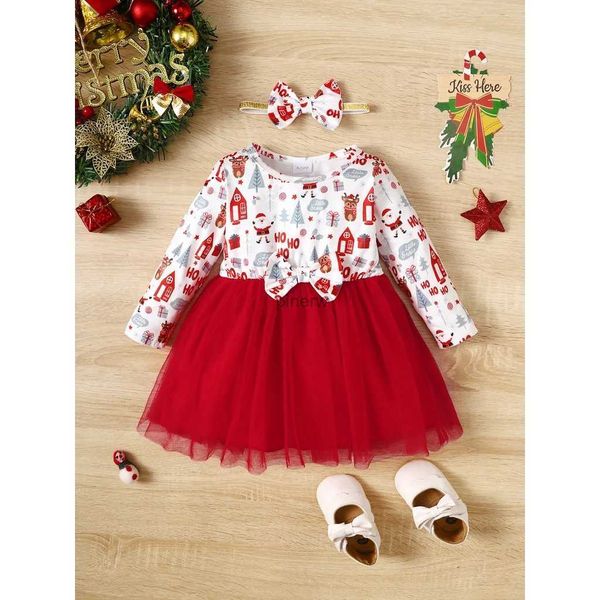 Vestidos de niña de 3 a 24 meses Vestido rojo navideño para niña pequeña Vestido de malla de manga larga con patrón navideño lindo + diadema para niña pequeña Ropa de año nuevo