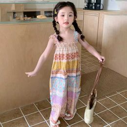 Girl's jurken 3-8 jaar babymeisje mouwloze bedrukte jurk kinderen zomers strandjurk kinderen prinses jurk mode Boheemse kledingl240508