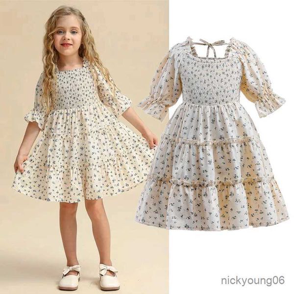 Robes de fille 3-8Y robe de filles de fleur pour l'été manches bouffantes enfant vêtements mignons pour la fête d'anniversaire à volants robe de princesse douce imprimée florale