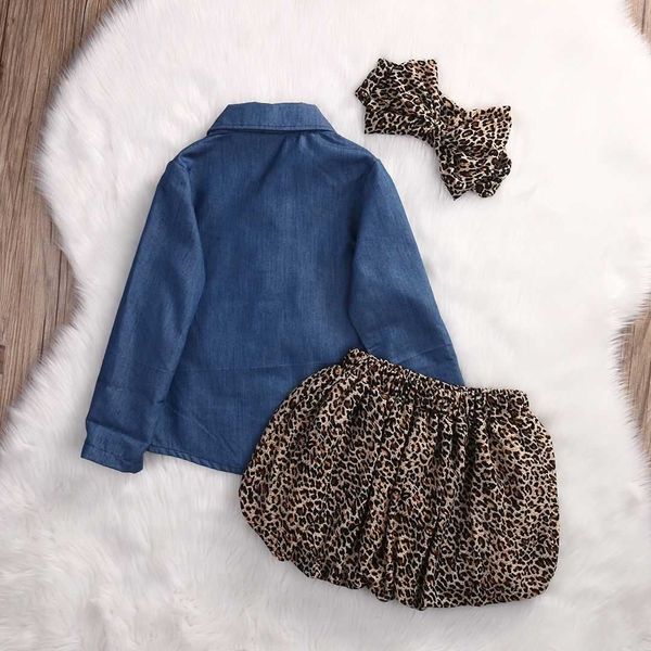 Robes de fille 3pc enfant en bas âge infantile bébé filles robe mode denim chemise jupe léopard bandeau enfants vêtements ensemble