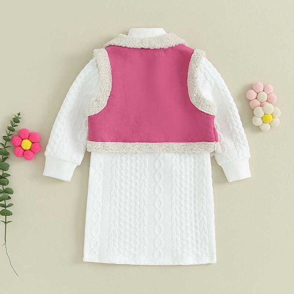 Vestidos de niña 4-7Y Conjunto de ropa para niñas Color sólido Cuello alto Manga larga Vestido de punto Otoño Polar Fleece Chaleco Trajes Trajes para niños