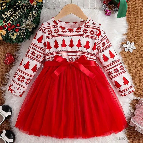 Robes de fille 4-7Y enfants robes de noël pour les filles arbre de noël impression arc maille robe de soirée nouvel an enfants Costume