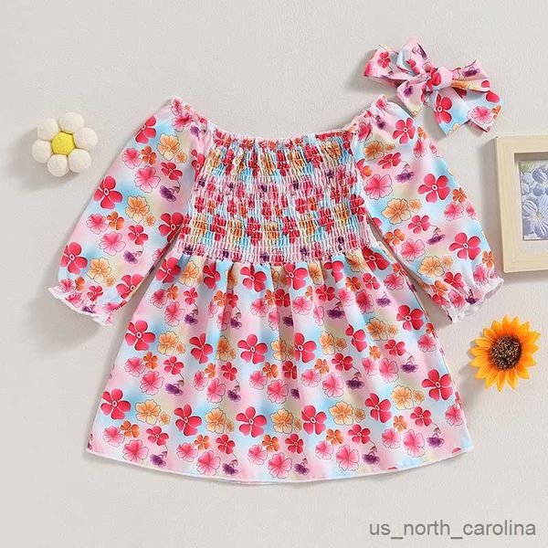 Vestidos de niña 6m-4y niños vestidos para niñas estampado de flores cuello de manga larga vestida de princesa casual con diadema de arco R230815