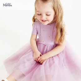 Meisjesjurken 90-140 cm Baby Girl Summer Princess Dress schattig en ademende paarse meid mesh jurk korte mouwen kinderjurk D240520