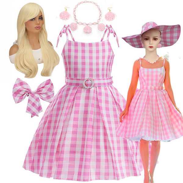 Robes de fille American and European Vintage Plaid Girls Barbi Dress Movie Halloween Doll Pink Girls Cosplay Costume Kid Carnival Slip Vestidos 230803