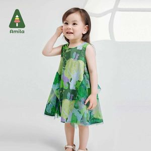 Girl's jurken Amila 2024 Zomer nieuwe meisjes rok mesh met sprookjesbos groen schattig leuk leuk comfortabele droomjurk 0-6yl2405