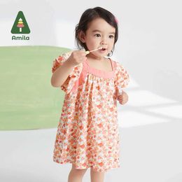 Meisjesjurken Amila Baby Girl Dress 2023 Zomer Nieuw 100% katoen schattig bloementuin Leisure Ademende lantaarn mouwen vierkante halslijnjurk 0-6YL240508