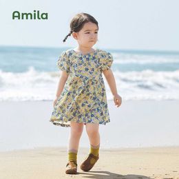 Vestidos de niña Amila Baby Girl Vestido 2023 Summer Nuevo 100% Flor de algodón Mangas sin algodón Lista de niños con estampado completo
