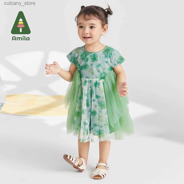 Robes de fille Amila Baby Girl Dress 2023 Été Nouvelle Haute Couture style chinois Cheongsam Gaze Patchwork Coton Doublé Robes Respirantes 0-6Y L240311