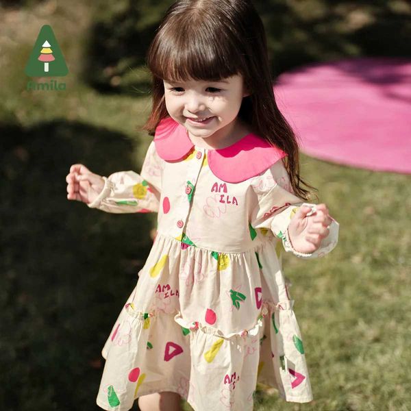 Robes de fille Amila Baby Girl Robe 2024 Spring New Doll Nou Couc Migne et Cuton Coton pur doux et respirant de haute qualité Clothingl240508