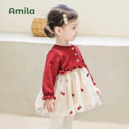 Meisjesjurken Amila Baby Girl Princess Dresses 2023 Spring herfst nieuw ademende garen patchwork print kinderen verjaardag schattige kledingl240502
