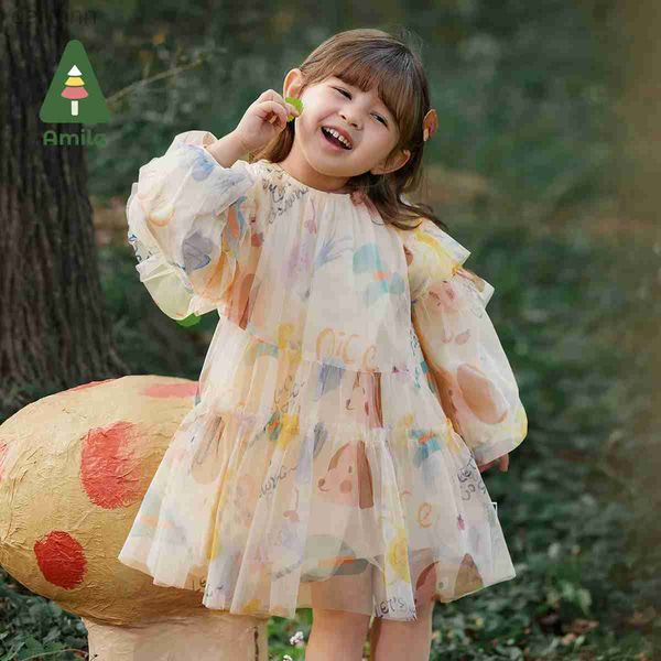 Robes de fille Amila Baby Girls Dress 2023 Spring New Original Full Print Mesh Raincoat Princess Dress 0-6 ans Vêtements de marque pour enfants 24323